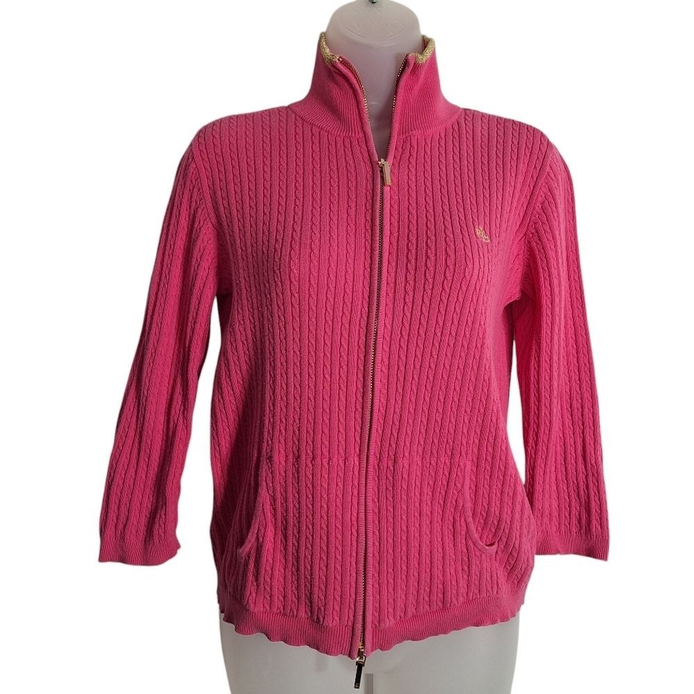 Ralph Lauren Cable Knit Sweater Pink 3/4 Sleeve Mock Neck Small Womens
